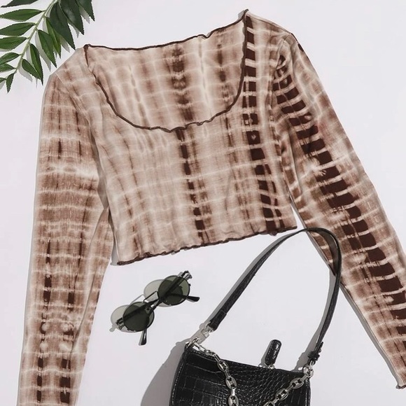 Brown Tie-Dye Swoop Neck Longsleeve Lettuce Edge Top - Picture 3 of 5